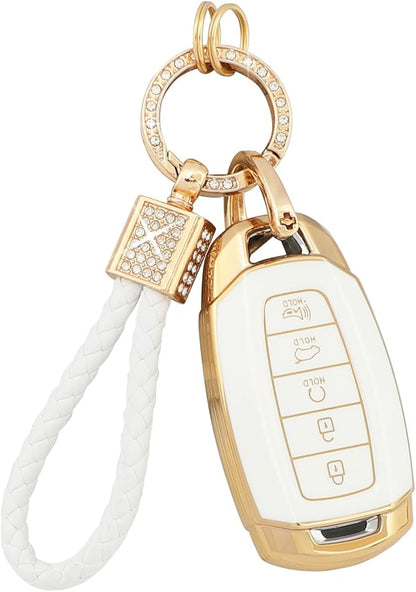 PIFOOG for Elantra Key Fob Cover Palisade 2023 2022 2021 2020 5 Buttons Car Keys Case Shell Protector Holder Glittering Keychain Accessories Girly Women Cute TPU Gold White