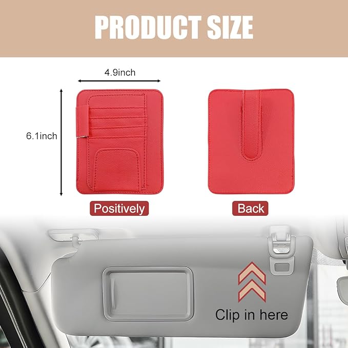Augeny 2 PCS Car Sun Visor Organizer, Small Auto Visor Organizer and Storage, Registration and Document Holder for Sunglasses, Card, Pen, Driver License, Car Accessories (Red)