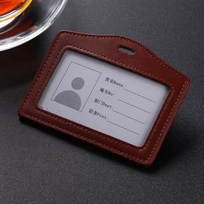 2 Pcs Black Brown Durable Leather ID Badge Holder, Double Sided Clear Window Horizontal Holders Waterproof Name Card Holders for Office, Staff, Students