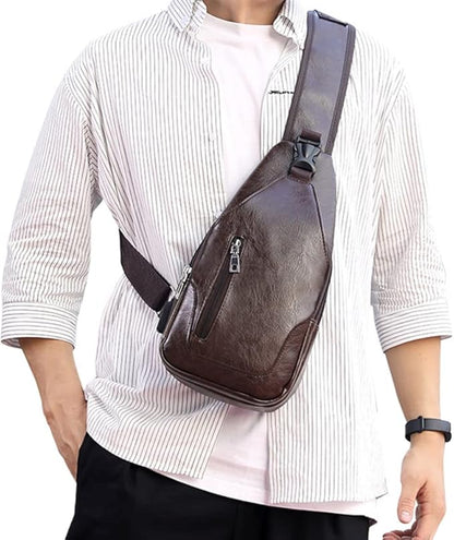 Peicees Leather Sling Bag Mens Crossbody Bag Chest Bag Sling Backpack for Men with USB Charge Port