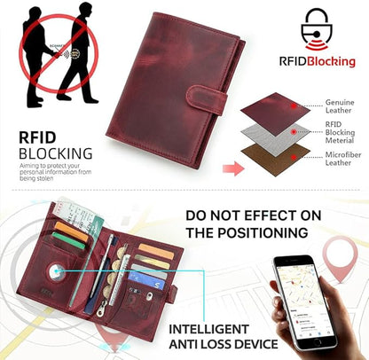 CONTACTS Full Grain Leather Passport Holder Compatible with Airtag Passport Wallet RFID Blocking Travel Passport Cover with SIM Card Removal Tool (Red)