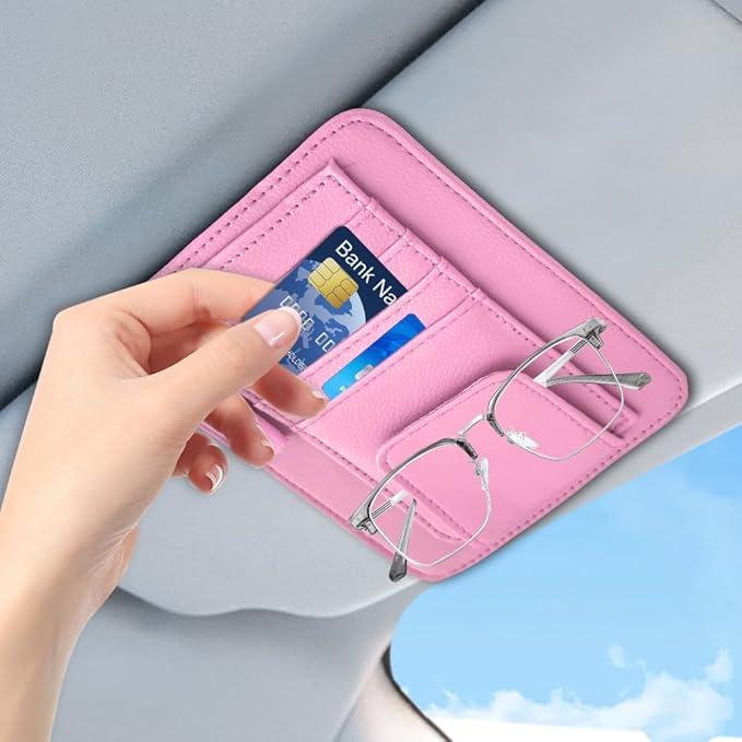 Small Leather Sun Visor Organizer, Visor Accessories, Multi-Pocket Sunvisor Storage with Sunglass Holder, Car Organizer for Drving License Card Pen Fits Most Vehicles (Pink)