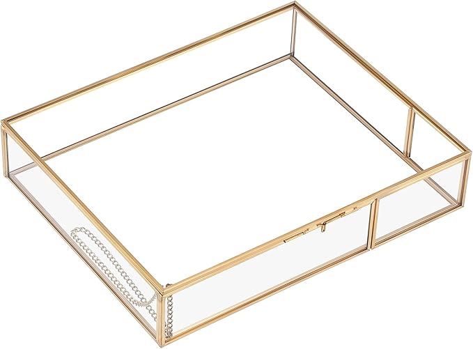 Hipiwe Gold Glass Photo Box - Large Vintage Photo Storage Organizer Box Trinket Jewelry Display Organizer Keepsake Boxes Case Home Decor
