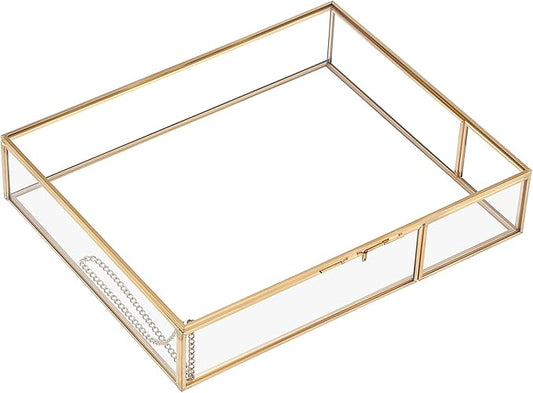Hipiwe Gold Glass Photo Box - Large Vintage Photo Storage Organizer Box Trinket Jewelry Display Organizer Keepsake Boxes Case Home Decor