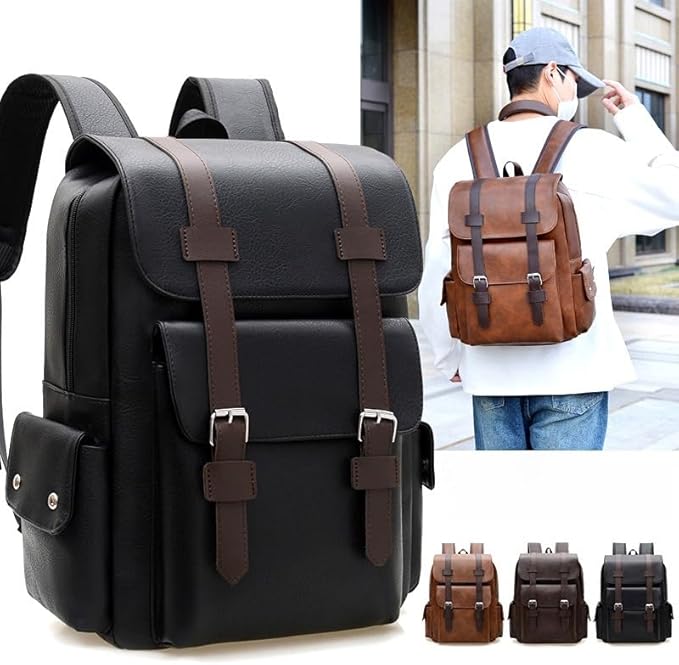 Retro men's business plaid backpack can hold a 15.6-inch laptop, women's stylish travel waterproof leather backpack. (black-15.7inch)