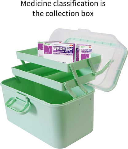 Portable Clear Medicine Box Empty, Family First Aid Dispenser/Art & Crafts Case/Folding Tool Organizer/Multipurpose Storage Container 3-Layers Storage Bin for Family Emergency (Green)