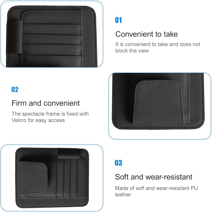 Car Sun Visor Organizer, PU Leather Vehicle Visor Document Storage Pocket for Sunglass Card Pen, Multifunctional Automotive Interior Holder Accessories, Universal Fit (Black)