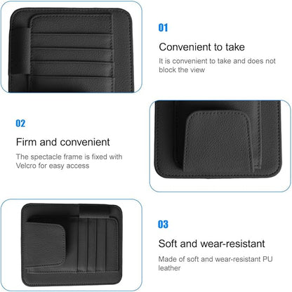 Car Sun Visor Organizer, PU Leather Vehicle Visor Document Storage Pocket for Sunglass Card Pen, Multifunctional Automotive Interior Holder Accessories, Universal Fit (Black)