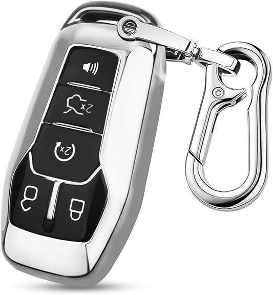 QBUC Ford Key Fob Cover with Keychain, Shell Compatible with Ford Explorer, F150, Lincoln MKC, MKX, MKZ, Fusion, Mustang, Edge Remote Vehicle Accessories (Silver)