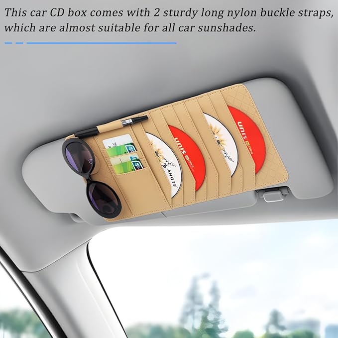 CD Case Holder for Car Sun Visor, Visor DVD Storage Organizer with Sunglasses Clip, Pen Holder & Card Slot, Multifunctional Automotive Disc Storage Pocket, Universal for SUV RV Truck (Beige)