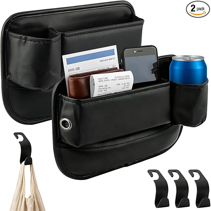 2Packs Car Seat Filler Organizer, Seat Gap Storage Box with Water Cup Holder & 4 Car-Seat Headrest Hooks, Universal fit for Most Car, for Phone, Keys, Wallet, Sunglasses and Bottles, Prevent Dropping