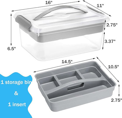 Yesland Stack & Carry Box with Removable Tray, 16 x 11 x 6.5 Inch Plastic Art Supply Storage Organizer Craft Storage Containers with Handle, Portable Organizer Bin for Stationery Sewing Jewelry, Grey