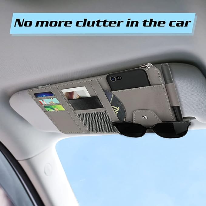 Car Sun Visor Organizer, Leather Pocket Organizer Sunglass Holder for Car Interior Accessories with Multi-Pocket Net Zipper (Gray)