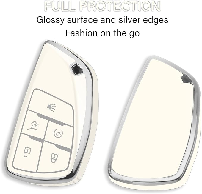 QBUC for Chevy Key Fob Cover with Keychain Soft TPU Protection Case Compatible with 2021-2026 Chevy Equinox Blazer Tahoe Suburban GMC Yukon Denali Silverado 5-Buttons(Chrome Trim White)