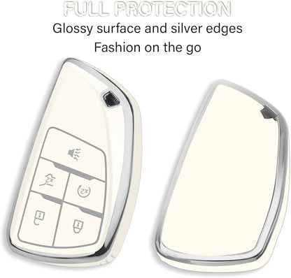 QBUC for Chevy Key Fob Cover with Keychain Soft TPU Protection Case Compatible with 2021-2026 Chevy Equinox Blazer Tahoe Suburban GMC Yukon Denali Silverado 5-Buttons(Chrome Trim White)