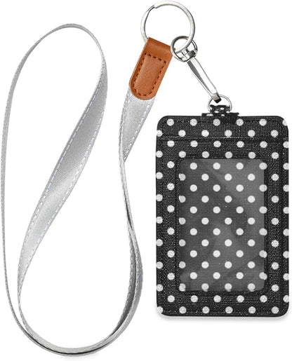 Moudou Polka Dot ID Badge Holder with Lanyard, Vertical Leather ID Badge Card Holder for Office Staff, School Teacher and Student