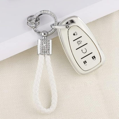 PIFOOG Key Fob Cover for Chvy Keychain Bling White Silver TPU 5 Button Car Keys Case Shell Protector for Equinox Traverse Blazer Trailblazer Malibu Camaro Spark Women Girly