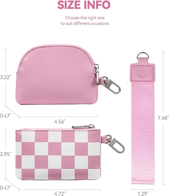 BOSTANTEN Small Wallet Checkered, Wristlet Wallets for Women RFID Detachable Dual Pouch Keychain Wristlet Wallet Cute Coin Purse, Pink and White