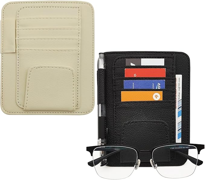 SENHAI Car Sun Visor Organizer for Car, 2 Pcs Small Leather Car Card Sleeve Pocket Organizer, Car Visor Organizer Storage Pouch for Hold Card, Sunglass Holder, Pen (Beige & Black)