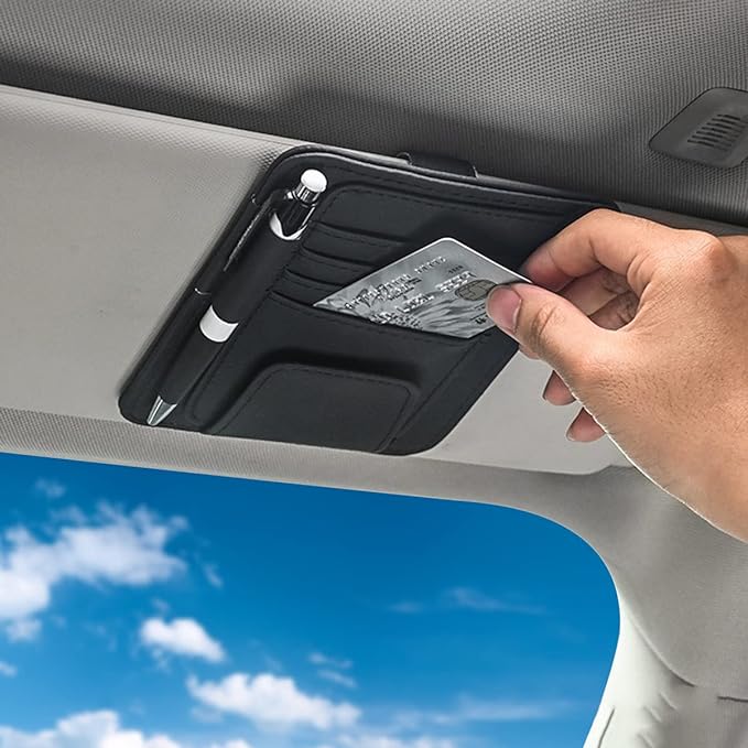 Small Leather Sun Visor Organizer for Car and Truck - Sunglass Holder, Card Sleeve Pocket, Document Holder for Registration, Driving License, Insurance, Pen, Chapstick