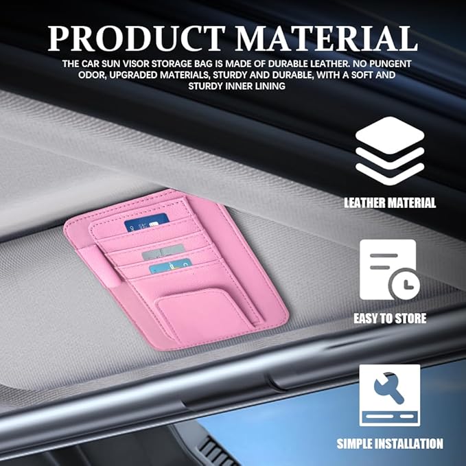 Small Leather Sun Visor Organizer, Visor Accessories, Multi-Pocket Sunvisor Storage with Sunglass Holder, Car Organizer for Drving License Card Pen Fits Most Vehicles (Pink)