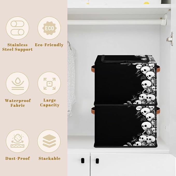 Skeleton Storage Bins With Zipper Lid, Collapsible Trunk Organizer, Car Organizers and Storage Bins with Lids, Halloween Decorative Storage Boxes with Handle, Home Storage Baskets for Organizing