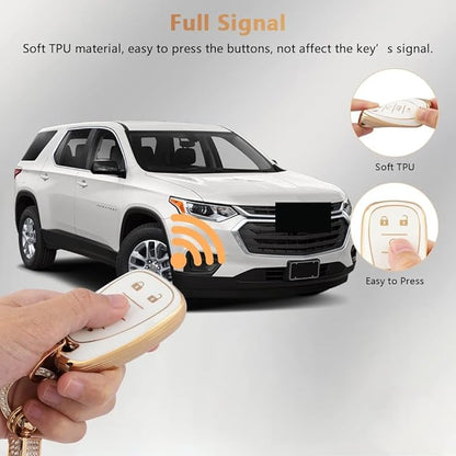 PIFOOG Key Fob Case for Chevy TPU 5 Button Keys Cover Shell Glittering Car Keychain for Malibu Equinox Trax Camaro Blazer Traverse Trailblazer Spark Girly Cute White Gold