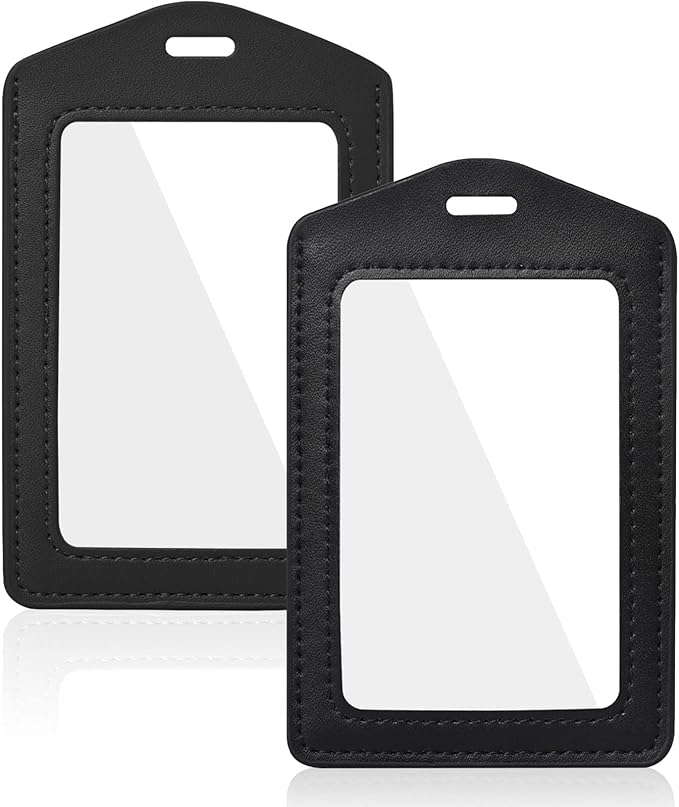 2 Pcs Genuine Leather ID Badge Holder Vertical Double-Side Clear Card Holder Waterproof Name Badge Holder for Office, Staff, Students, Employees(Black&Black)