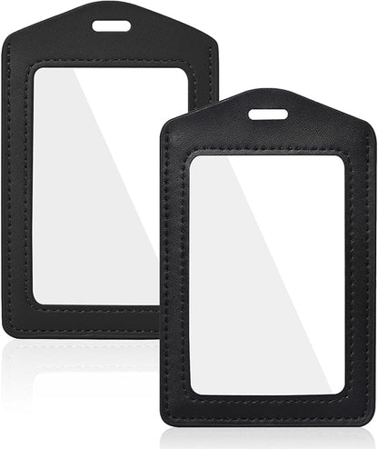 2 Pcs Genuine Leather ID Badge Holder Vertical Double-Side Clear Card Holder Waterproof Name Badge Holder for Office, Staff, Students, Employees(Black&Black)