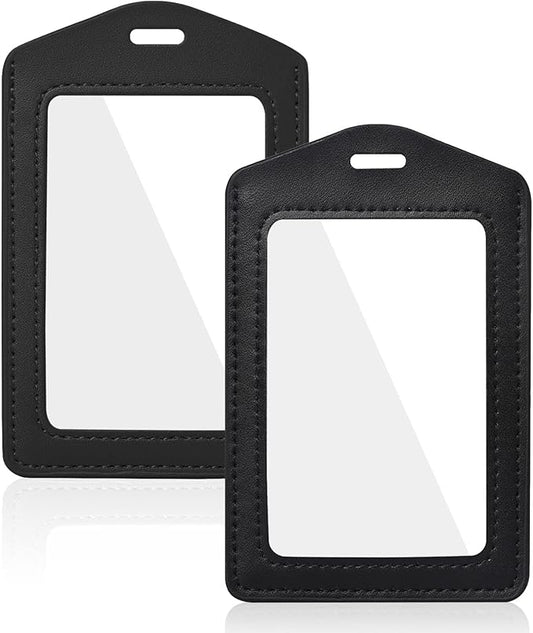 2 Pcs Genuine Leather ID Badge Holder Vertical Double-Side Clear Card Holder Waterproof Name Badge Holder for Office, Staff, Students, Employees(Black&Black)