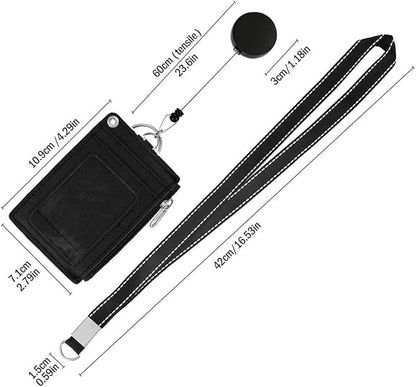 【2025 Latest】 Cute ID Badge Holder Retractable Lanyard Reel Clip with Heavy Duty Carabiner, 5 Card Slots in 2 Sided with Key Ring and Zipper for Students Teens Boys Girls Office Staff Women (Black)