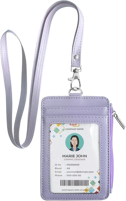 bolimoss 2-in-1 ID Badge Holder & Lanyard Wallet for Women Teacher, Multiple Card Slots PU Leather ID Badge Wallet Case with Detachable Neck Lanyard 1 ID Window, 4 Card Slots, 1 Side Zipper Pocket