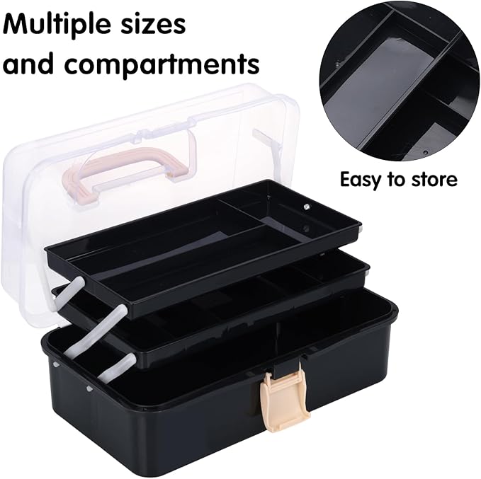 Craft Organizers, Tackle Box 3-Layer Portable Folding Toolbox, Plastic Tool Box with Handle for Sewing Supplies, Medicine, Art Supplies, Nails and Hair Accessories 12.5inch Black
