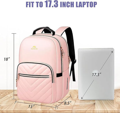 MATEIN College Backpack with Laptop Compartment, Water Resistant Girls Backpack, Cute Bookbag with Multiple Compartments, 17 inch Quilted Casual Daypack for Women, Pink