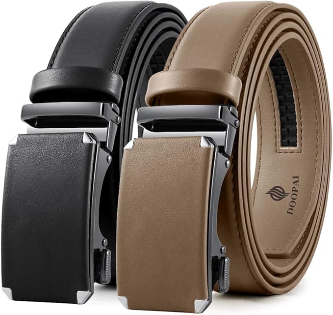 DOOPAI Men's 2 Pack Ratchet Dress Belt - Adjustable 1 3/8" Genuine Leather, Size Length Can Be Cut, With Gift Box