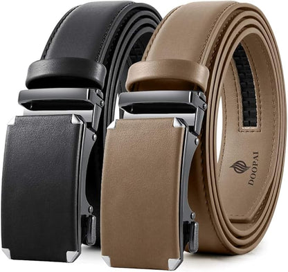 DOOPAI Men's 2 Pack Ratchet Dress Belt - Adjustable 1 3/8" Genuine Leather, Size Length Can Be Cut, With Gift Box