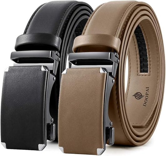 DOOPAI Men's 2 Pack Ratchet Dress Belt - Adjustable 1 3/8" Genuine Leather, Size Length Can Be Cut, With Gift Box