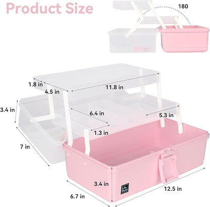 WEWLINE Hair Accessories Organizer 13-Inch Art Supply Bin Sewing Box 3-Layers Craft Storage Organizer with Handle Pink Tool Tackle Box Storage Great Gift for Kids