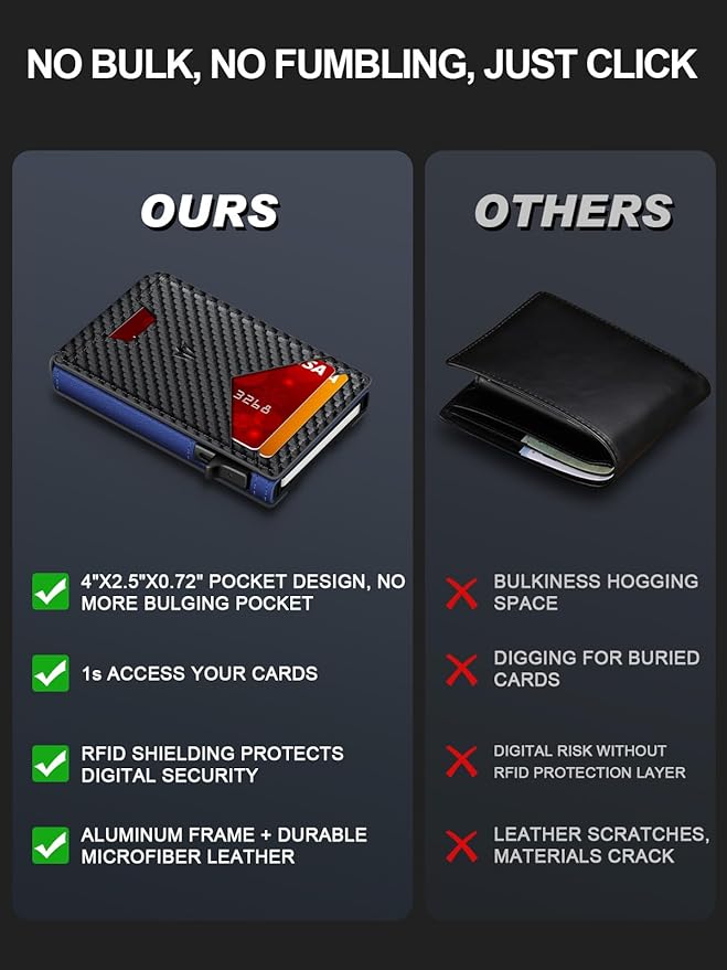 Wallet for Men, Slim Minimalist Wallet with Money Clip＆ID Window, RFID Blocking Pop-Up Credit Card Holder, Smart Auminum Mens Wallet Holds 9-13 Cards (Gift Box) (Carbon Fiber & Blue)