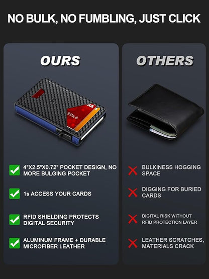 Wallet for Men, Slim Minimalist Wallet with Money Clip＆ID Window, RFID Blocking Pop-Up Credit Card Holder, Smart Auminum Mens Wallet Holds 9-13 Cards (Gift Box) (Carbon Fiber & Blue)