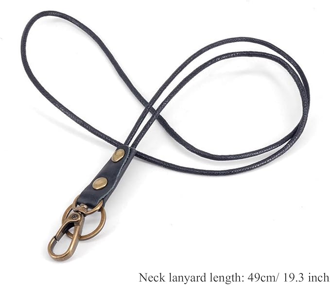 Badge Holder Vertical Handmade Leather ID Card Badge Holder Keychain with Heavy Duty Lanyard for Men Women (Black Leather)
