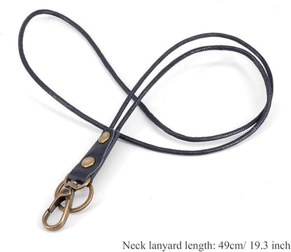 Badge Holder Vertical Handmade Leather ID Card Badge Holder Keychain with Heavy Duty Lanyard for Men Women (Black Leather)