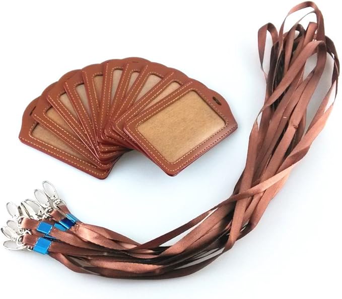 yueton 10pcs Vertical Style Leather Business ID Badge Card Holder, Name Card Business Card Holder Tag with Long Neck Strap Band Lanyard (Brown)