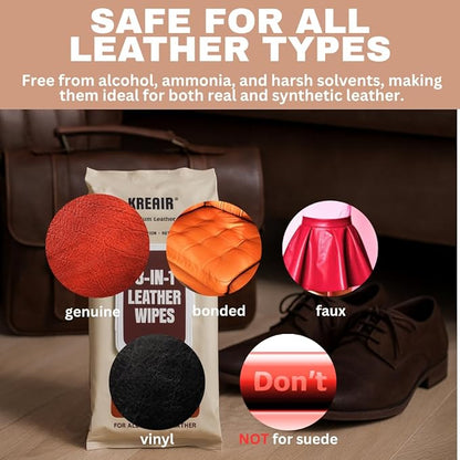 3in1 Leather Wipes 150 XL Count, Clean, Condition & Restore Shine, Extra-Large 8"x10" Wipes for Car Seats, Shoes, Furniture & Bags, Thick, Durable, Non-Linting, Safe for All Leather Types