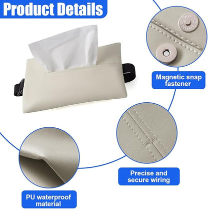 YoRise Car Tissue Holder, PU Leather Car Napkin Holder with Adjustable Strap, Center Console Tissues Box Cover, Sun Visor Organizer Keep Auto Tidy, Vehicle Headrest Storage Accessories (Beige)