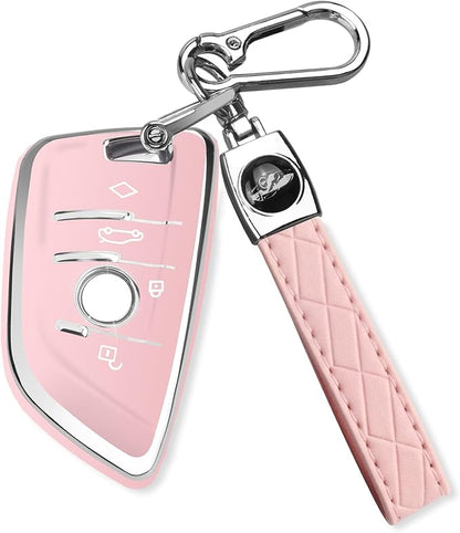 QBUC for BMW Key Fob Cover with Leather Keychain,for BMW 2 5 6 7 Series X1 X2 X3 X5 X6 X7 Premium Soft TPU Key Fob Holder (1-Pink)