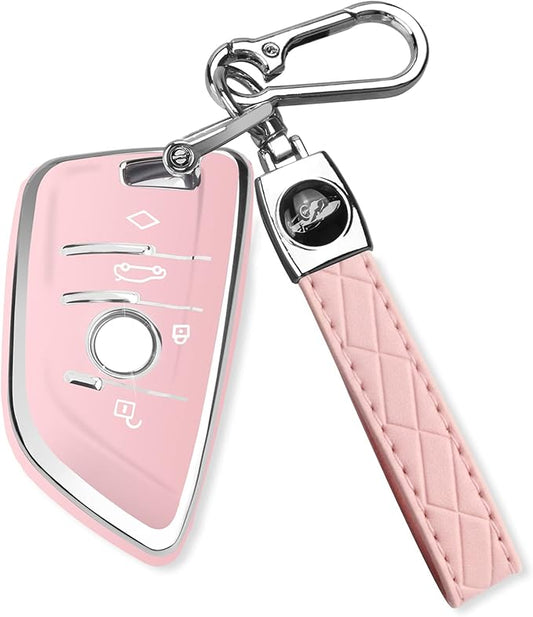 QBUC for BMW Key Fob Cover with Leather Keychain,for BMW 2 5 6 7 Series X1 X2 X3 X5 X6 X7 Premium Soft TPU Key Fob Holder (1-Pink)