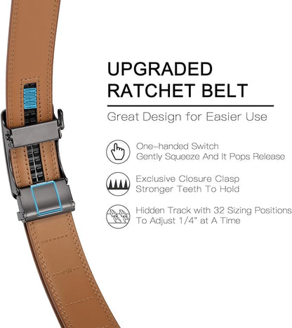 SENDEFN Men's Leather Belt Automatic Ratchet Buckle Slide Belt for Dress Casual Trim to Fit with Gift Box