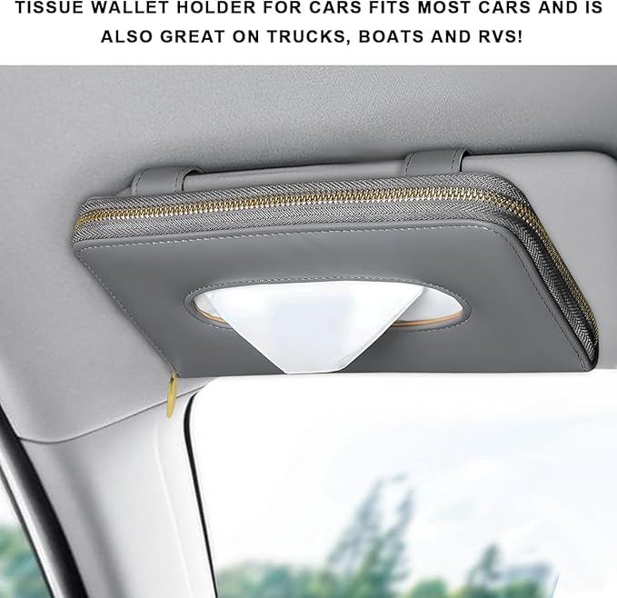 Car Tissue Holder, Sun Visor Napkin Box Premium PU Leather Tissue Case with Zipper, Rectangular Hanging Paper Organizer Mask Dispenser for Sedans SUVs Trucks, Car Accessories (Gray)