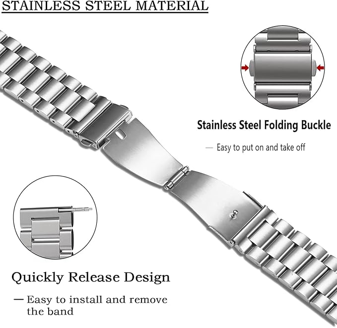 MORAN Stainless Steel Watch Band Quick Release Replacement Metal Strap 18mm 20mm 22mm Men Women, Silver+Folding Clasp